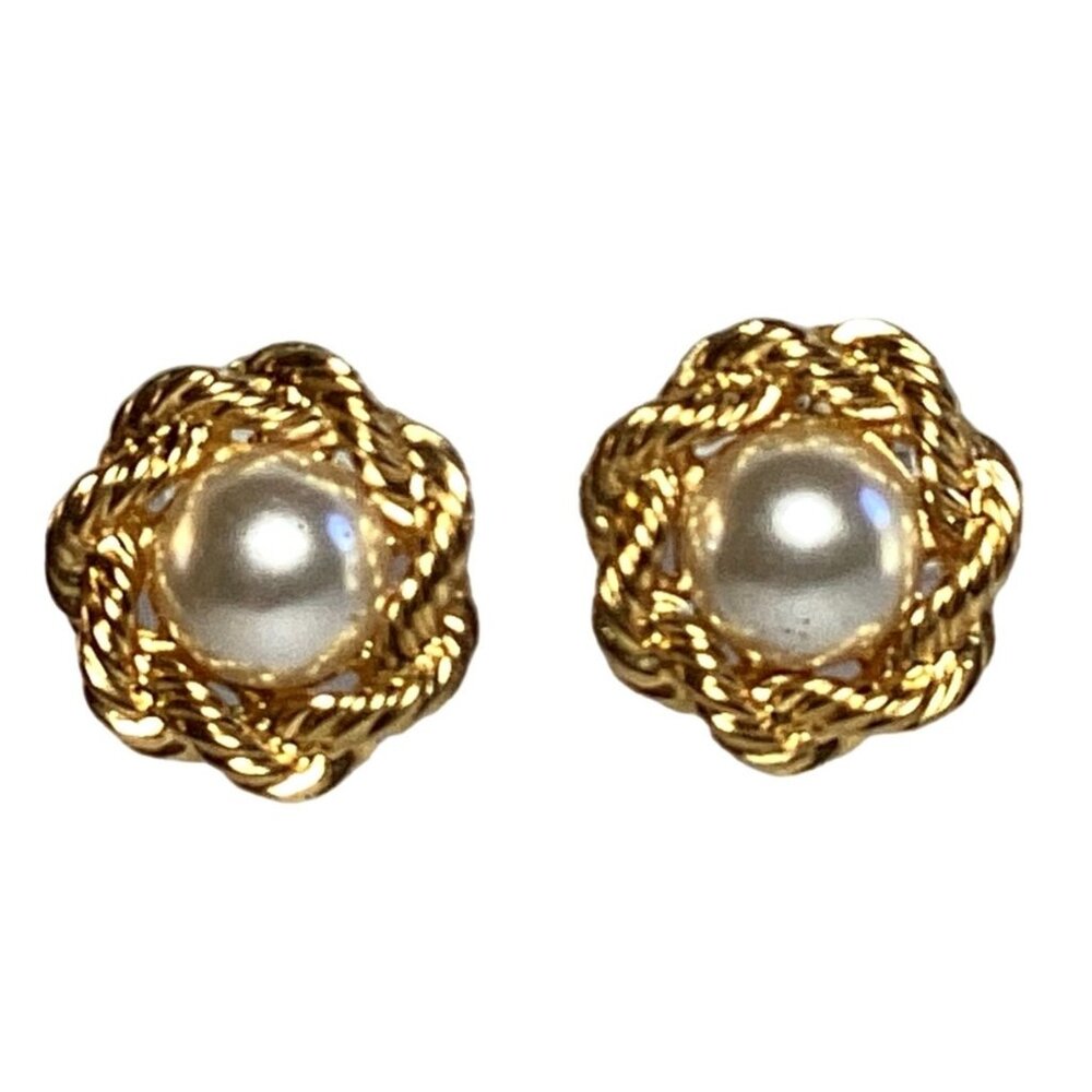 Napier Gold Tone Adjustable Clip On Earrings with Faux Pearl and a Rope Design - Picture 1 of 5